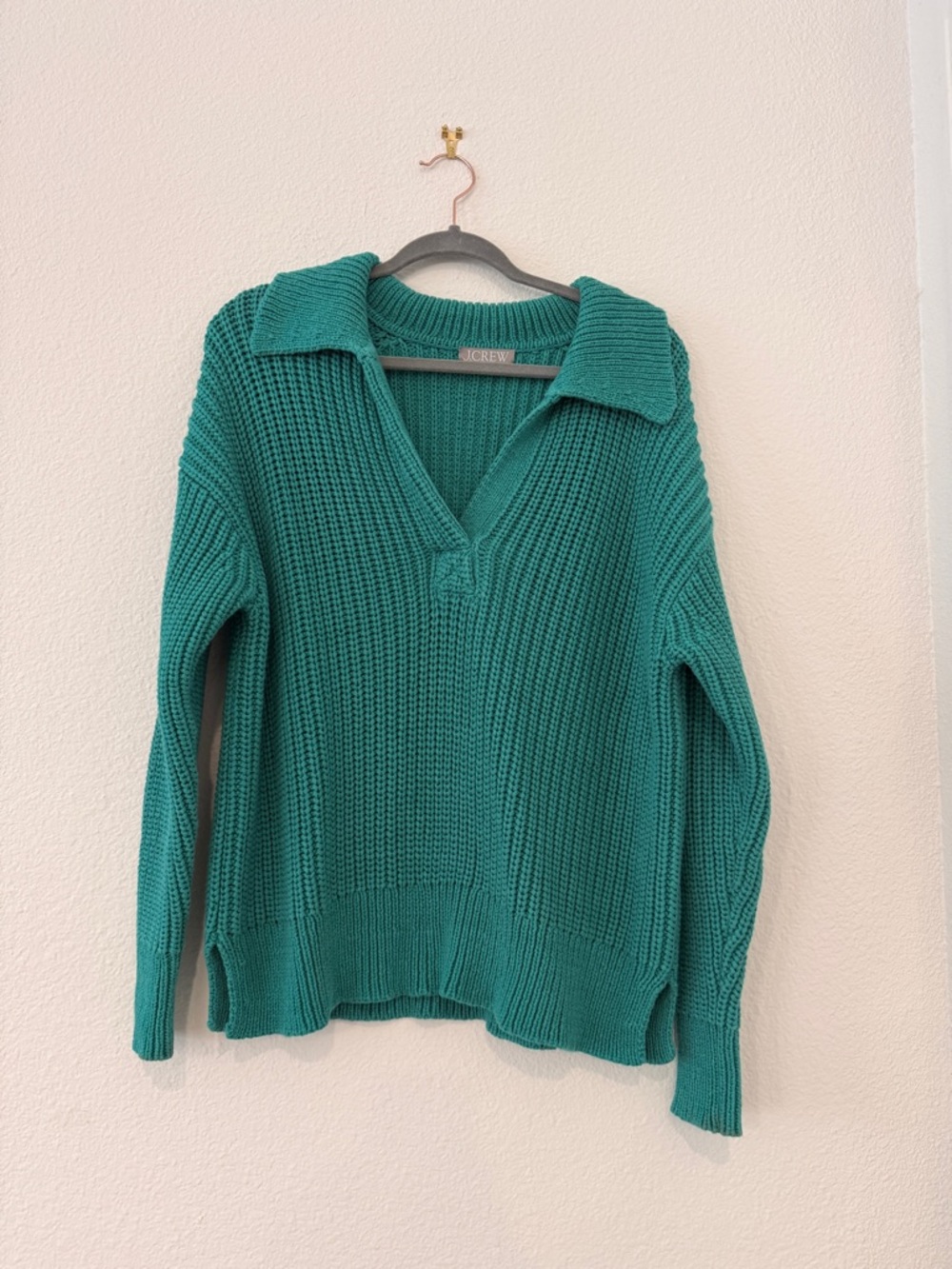J. Crew Kelly Green V-Neck Collared Knit Sweater